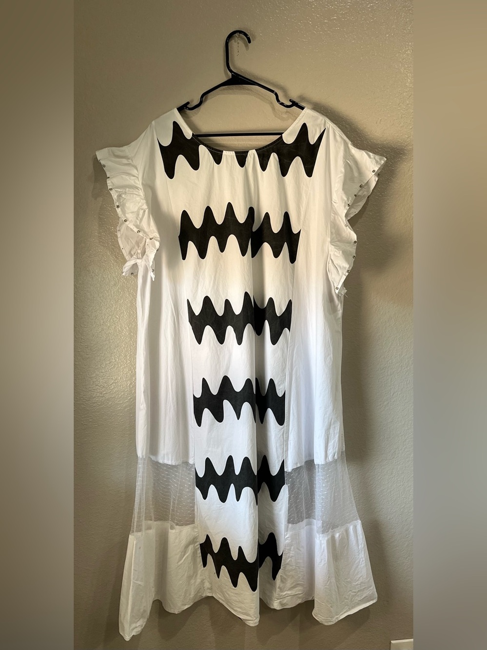 N By Nance White Tunic Dress Black Wave Print and Ruffle Sleeves Sz XL TC0344 - Picture 9 of 9